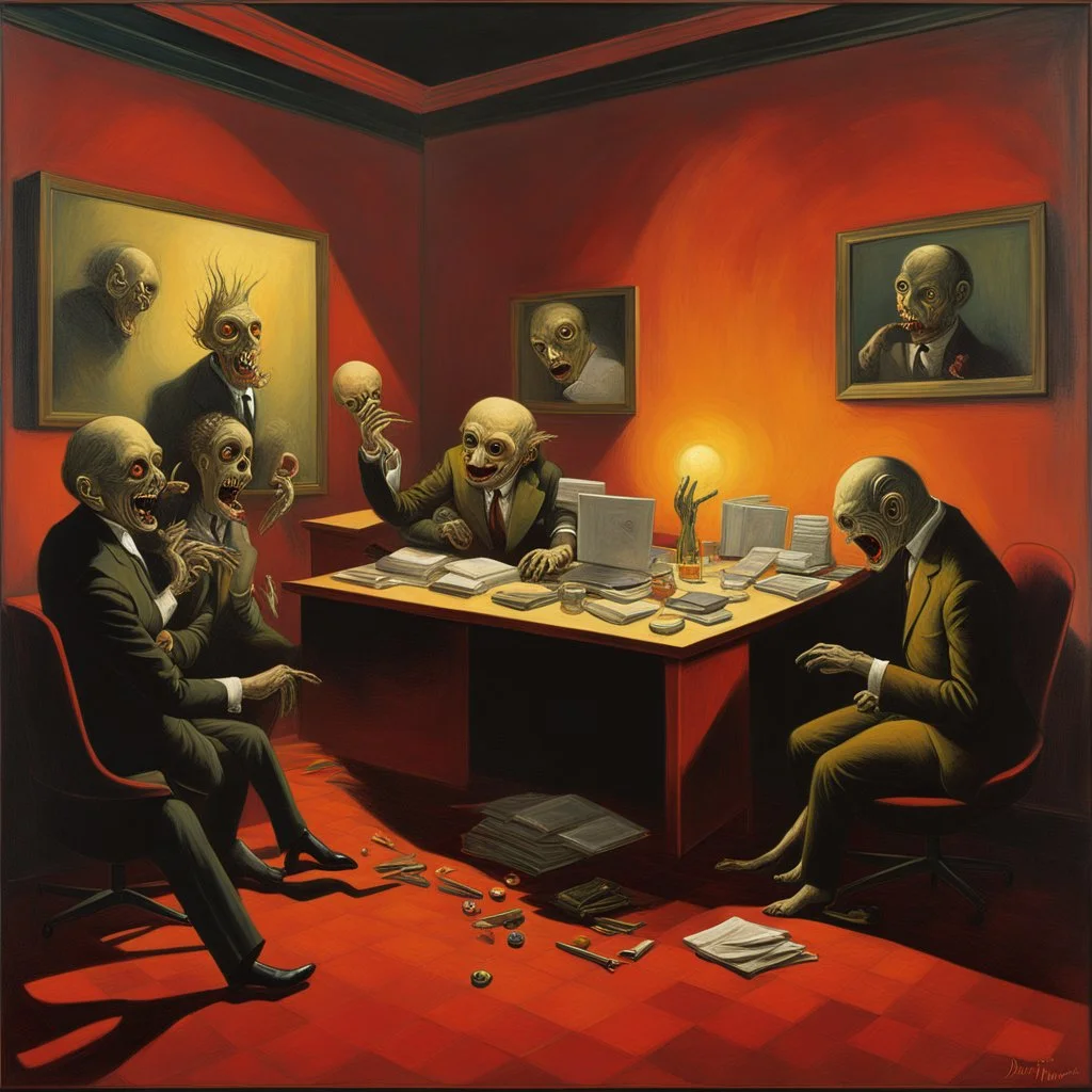 office party hijinks, diagonal composition, unbalanced, surreal horror, warm colors, By Dan Mahurin and Max Ernst and Boris Groh, creepy, eerie, scary warm colors, opulent shadows, expressionism, oil painting, by Gustav Dore and Victor Pasmore