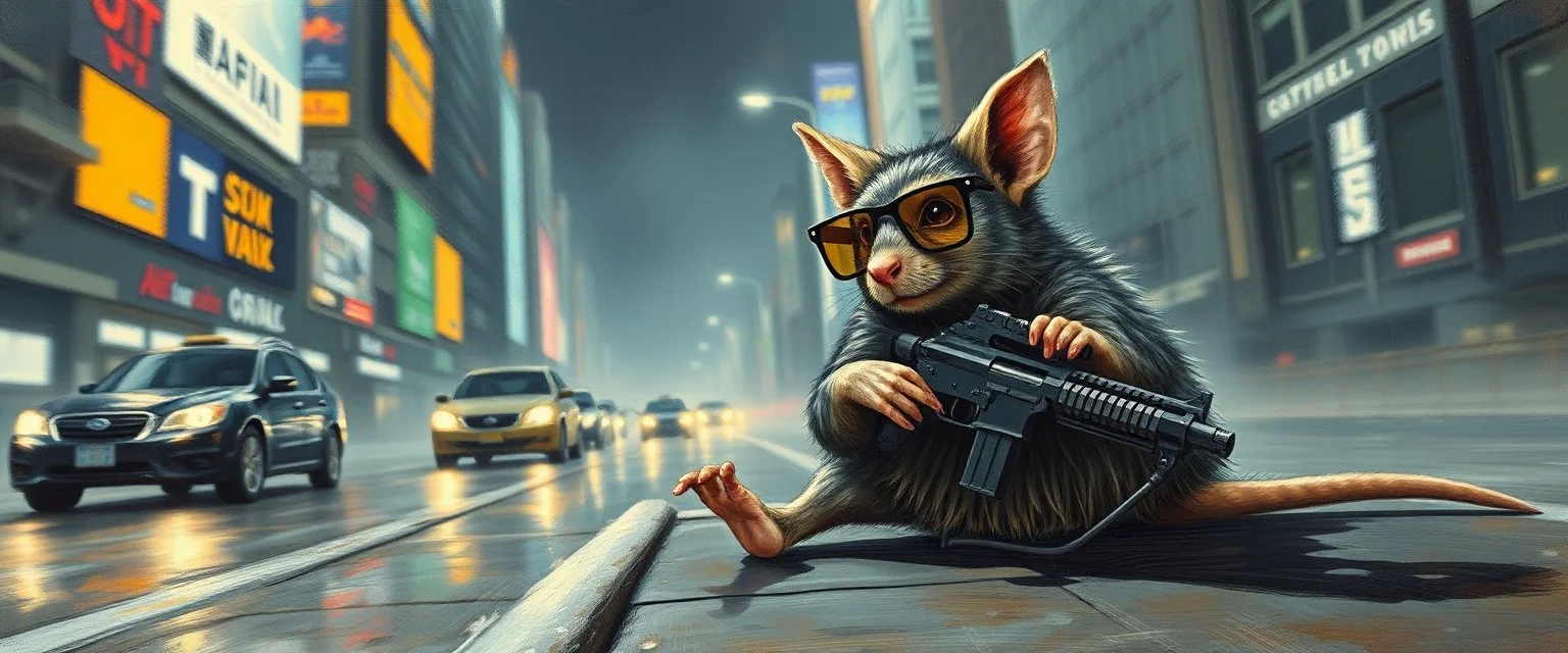 master oil painting by Rembrandt, pen outline,the tilted quilter,glasses and ticks, cyberpunk imagery synchronized stylized fluffy gremlin wolf rat laying low holding a few guns barely hanging on, drumming kit flat power trike flickering stable core, wet reflective salt flat city, fast motion blur background, translucent tube cars, technocracy mega tv