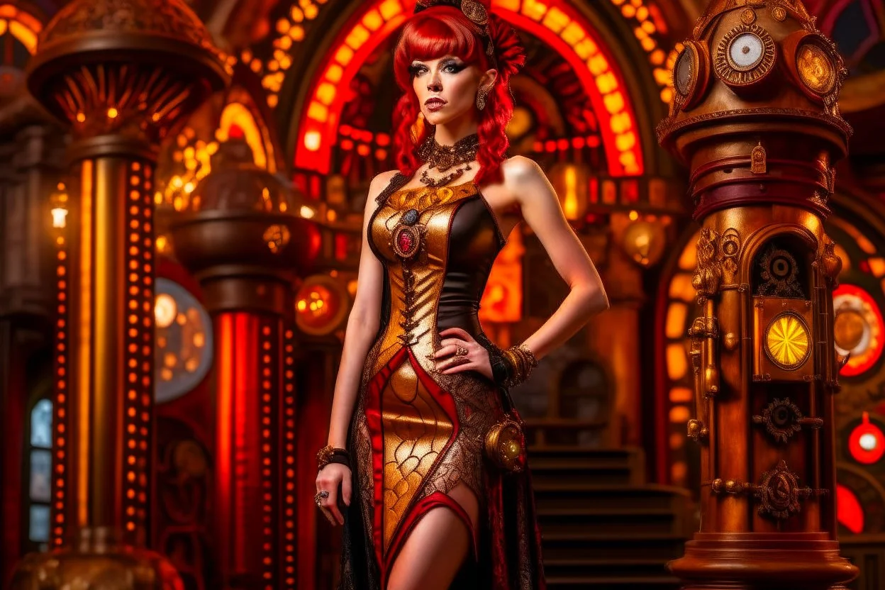 full body shot of a skinny Cleopatra, with a bob red hairstyle, standing in a steampunk setting.