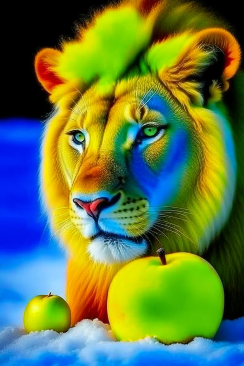 lion eat apple with snow and blue mood the lio yellow mood