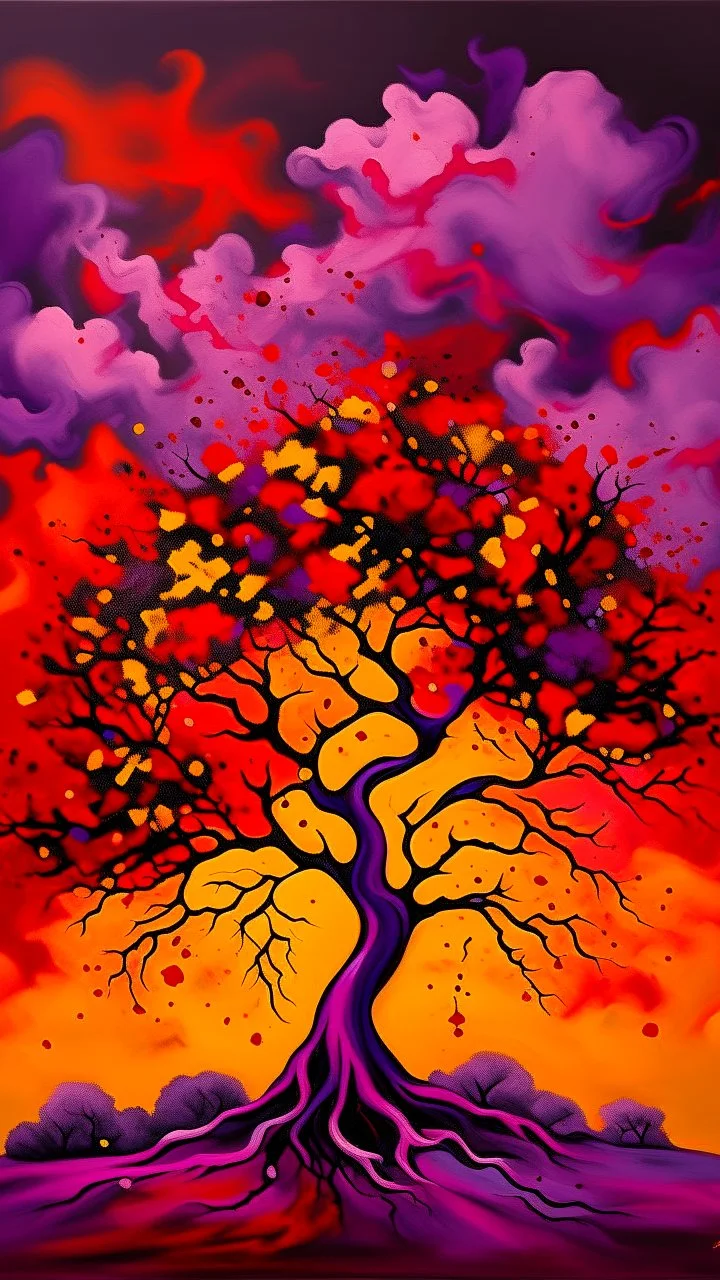 Painterly. Abstract. A yellow purple in red silk raiments. Anomalous red cloud issuing forth from the heart. Simple yet majestic, a tree in black