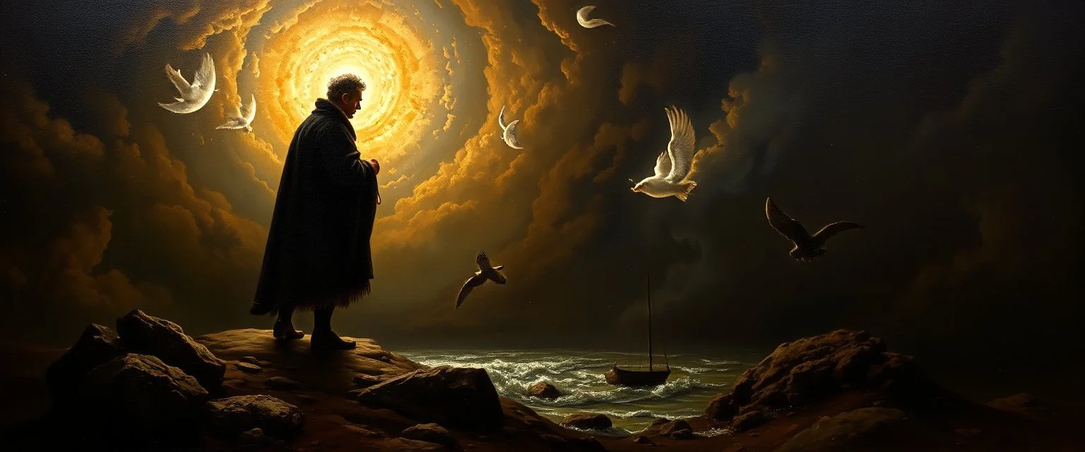 master oil painting by Rembrandt,My child, my Fool, my mirror in the deep, The truths you seek are yours alone to keep. I am but echo, shadow, whispered name— You are the one who plays the greater game. The gods of old still hunger in the void, But you, Klein Moretti, cannot be destroyed. Not wholly. Not while one soul calls you friend, Not while this story races toward its end.