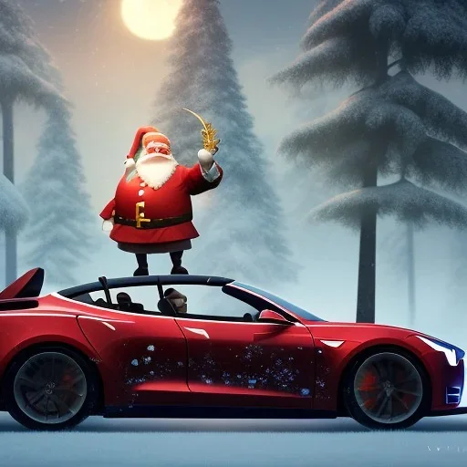 Santa claus driving his red Tesla convertible car, character design by cory loftis, fenghua zhong, ryohei hase, ismail inceoglu and ruan jia. unreal engine 5, artistic lighting, highly detailed, photorealistic, fantasy