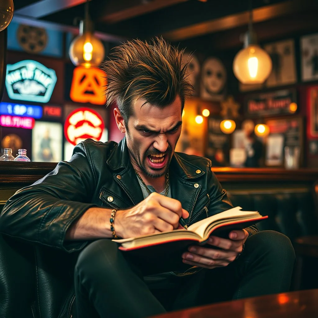 A very angry and bitter punk rocker sitting on a pub looking very angry, writing in his notebook new songs for his punk rocker band