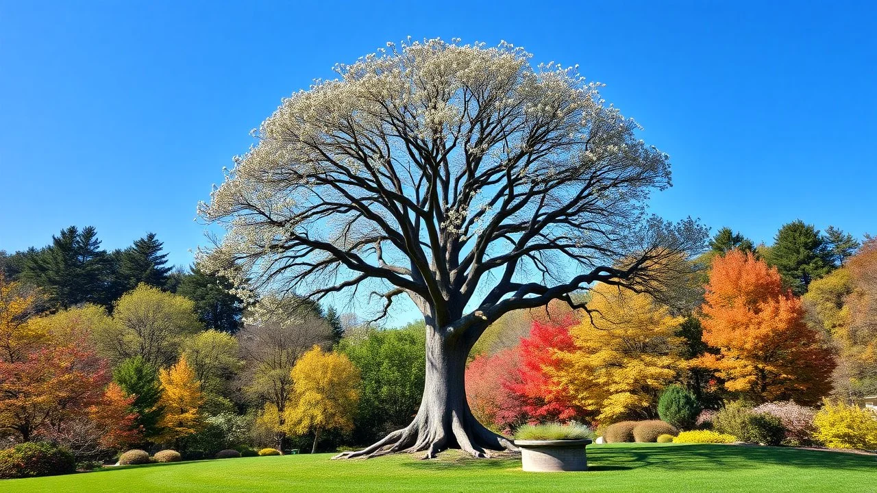 A tree of life in the center with abundant foliage along with views of all seasons, spring, summer, fall, and winter, in a special, eye-catching blue color theme.