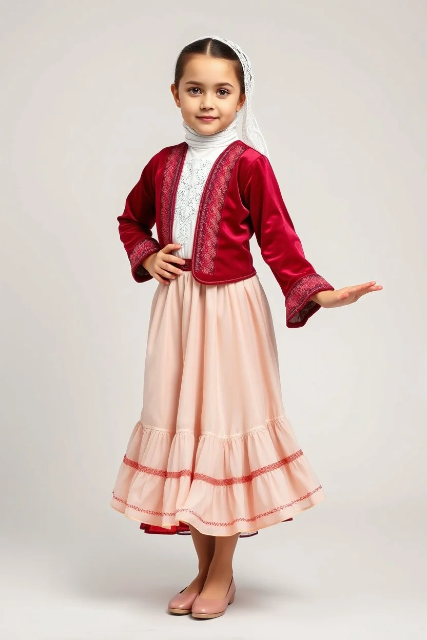 full body 7years old girl ,simple background, full body of very pretty little girl in azeri dance wearing A underdress or shirt, often made of silk,A fitted, often velvet or brocade, jacket worn over the shirt.Wide, bell-shaped skirts are worn, often long and layered to create beautiful movements while dancing, with a long lace scarf at back of her head ,with pretty shoes,in relax pose looking at camera.