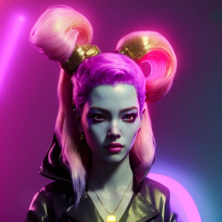 Pretty cyber woman, gold hair, sci-fi, sweet face, black, natural, pink, geisha style, symmetric plane, neon style, a lot of led lights, fog, rain, leather coat, vibrant color, highly detailed, art stations, concept art, smooth, unreal engine 5, god rays, ray tracing, RTX, lumen lighting, ultra detail, volumetric lighting, 3d, finely drawn, high definition, high resolution.