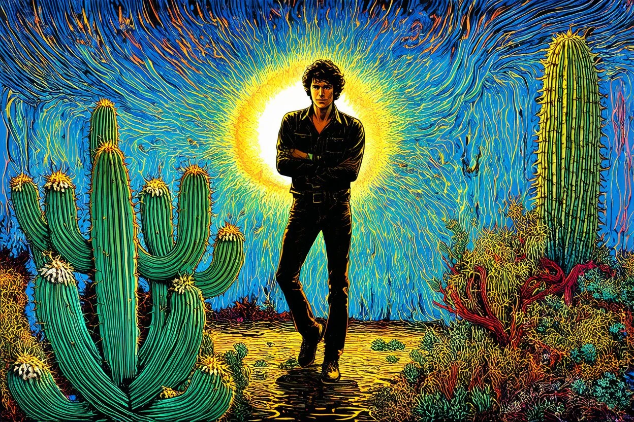 exquisite handcolored steel engraving captures. "Jamie, a footloose and self-absorbed young American, is traveling in Chile and is keen to experience the mysteries of a local hallucinogen — the mescaline-bearing San Pedro cactus." explosive contrast of brilliant colors. magical strokes, insanely detailed textures, complicated background, disturbing, scribbling. magical whimsical world. after Paul Gauguin. after Jacek Yerka. after Catrin Welz-Stein. black and gold, background in graphic and water