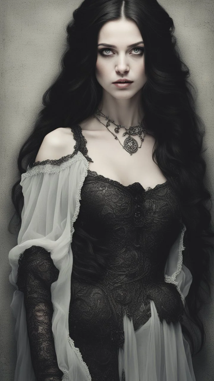 A beautiful white woman standing side and have Long soft black hair And wearing a gothic dress.