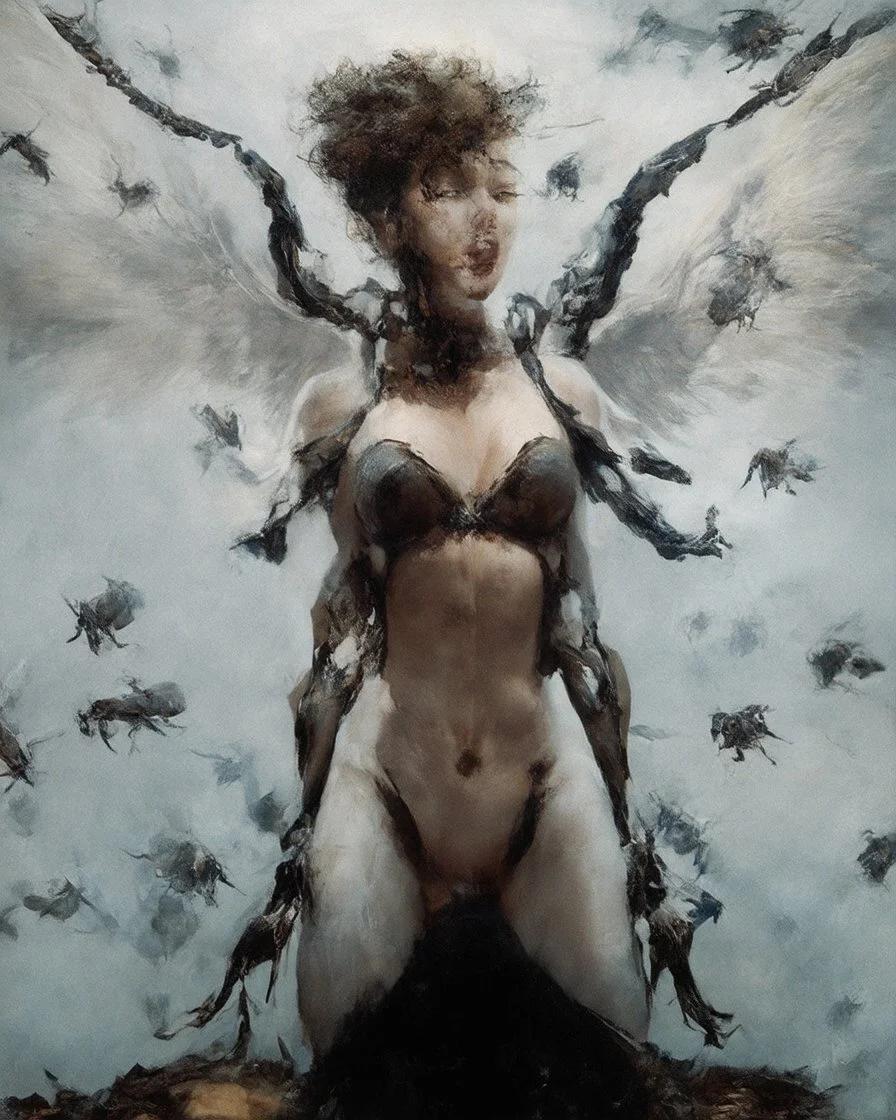 horror, swarming mechanical robotic insects, screaming woman, broken wings