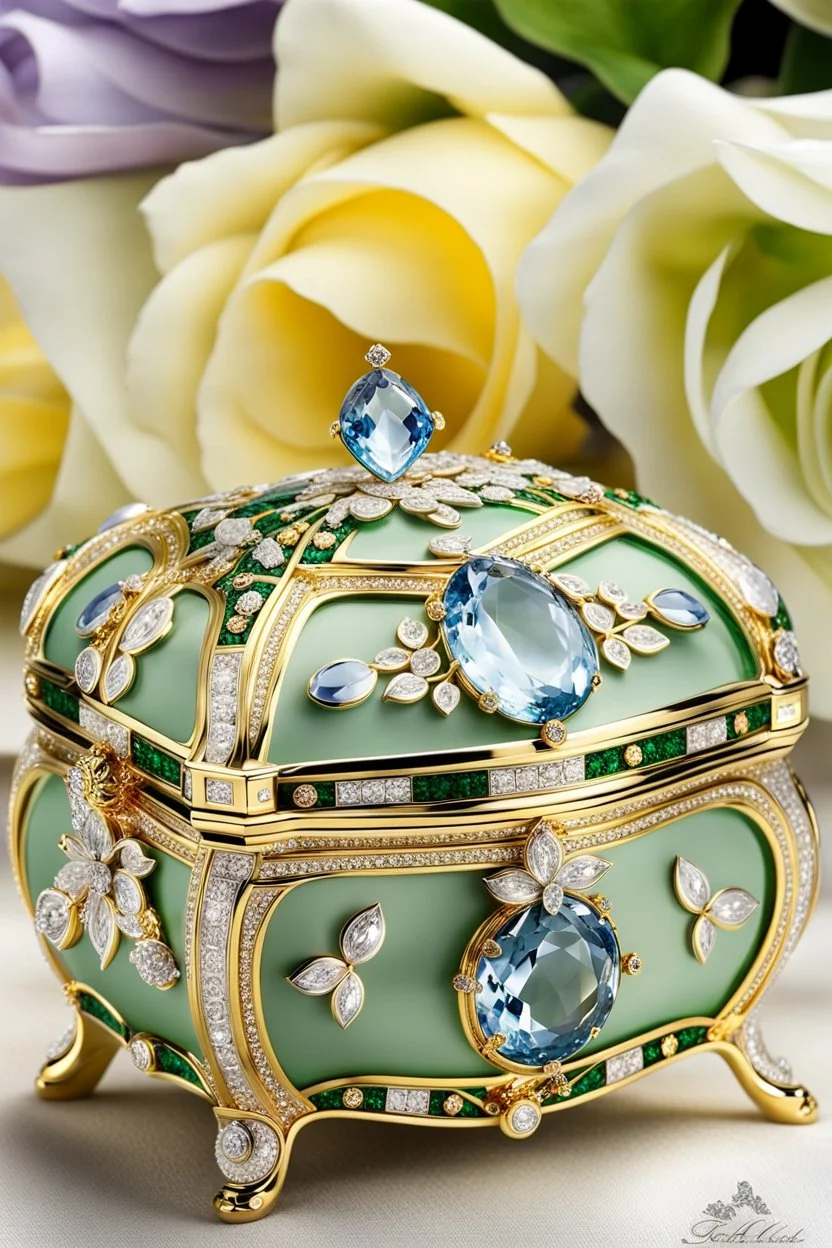 A Fabergé jewelly box features decorative Swarovski crystals and an enamel finish with the exterior of formed with many stunning gold decorations and studded with diamonds and made from quartz, platinum, and orthoclase with miniature flowers, white crystals, diamonds and made from platinum and gold, and plants made of gold, classic ornaments, high quality, detailed, photography