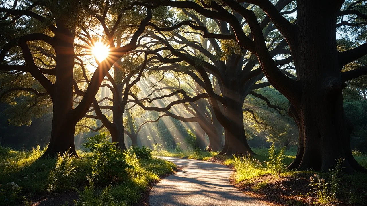 A sunlit forest path winding through tall, ancient oak trees with sunlight filtering through the leaves, casting dappled shadows on the forest floor. The path is lined with wildflowers and ferns, and the air is filled with the scent of pine and earth. Calm serene atmosphere, gentle fantasy, beautiful magic. Award-winning photograph, exquisite realism.