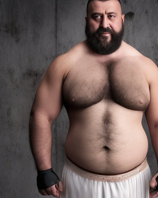 full figure shot photography of a burly chubby turkish prisoner , 55 years old shirtless in white dirty pants, long beard, long hair , in a dark prison, dirty, ugly, bullneck, muscular, manly chest, shirtless, bulge, misery and poverty, emotive eyes, photorealistic, ultradetailed, 32k, side view from below