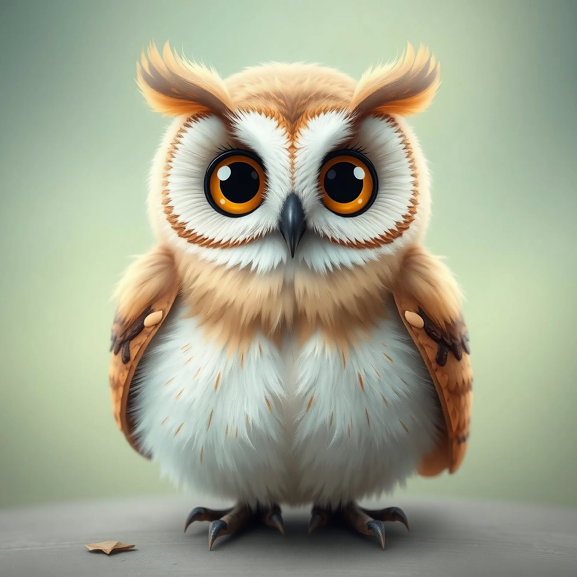 a cute fluffy barn owl, big eyes and a body like a sphere