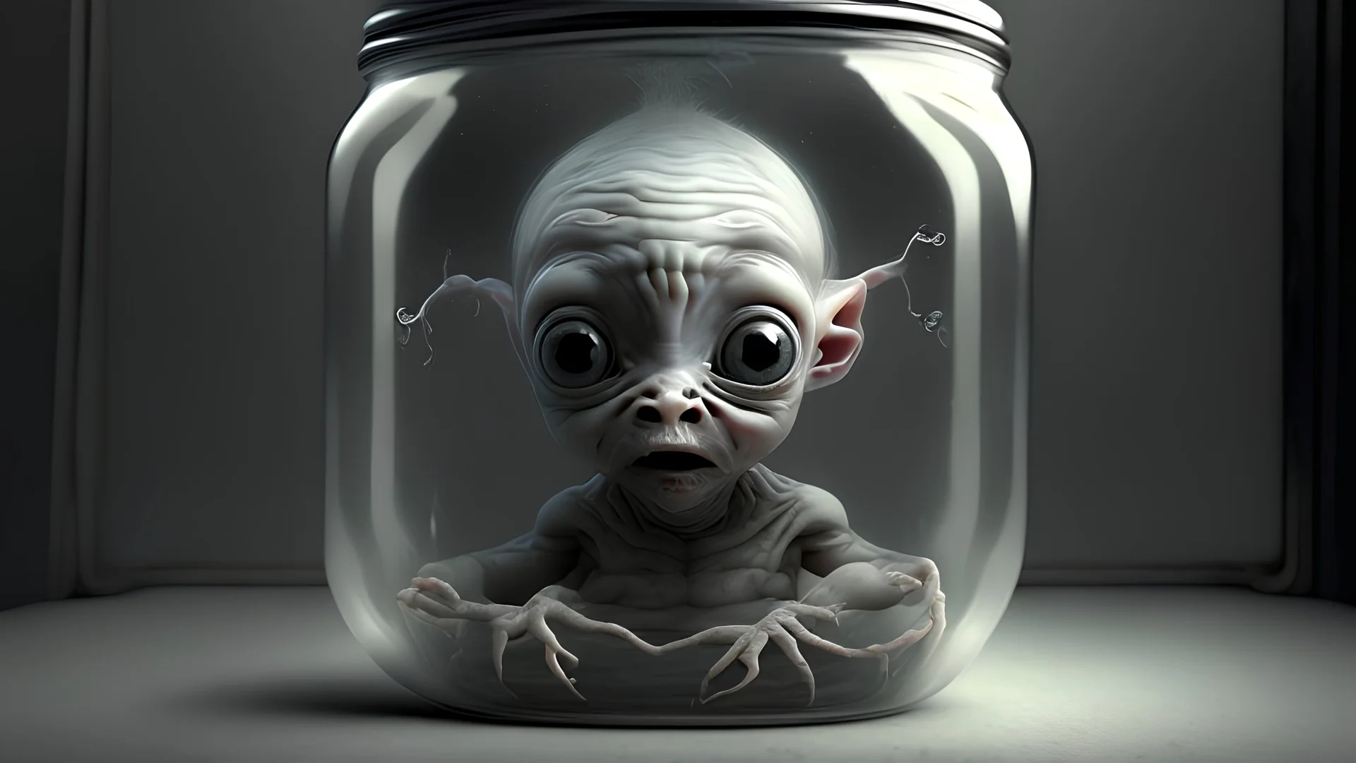 small realistic Grey son Alien Baby horror trapped in a jar