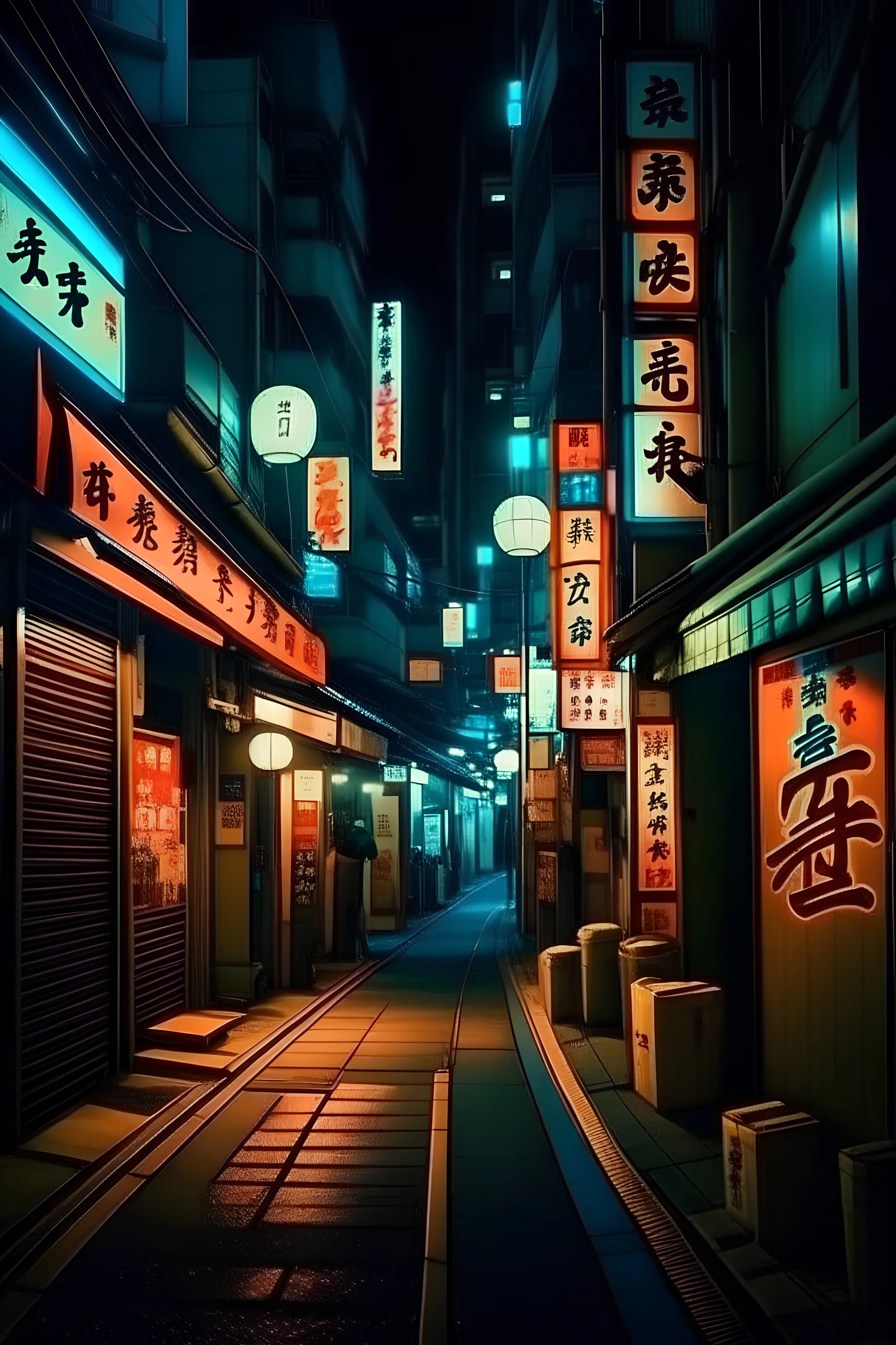 Narrow Akihabara alley at night with small Shinto Shrine, 80's retro, neon color grading, 80's retro, neon color grading