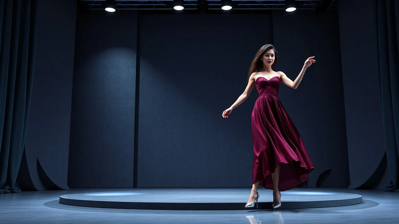 modern stage with gray-blue theme artistic decoration , color full dynamic lighting, a beautiful lady in modern maxy dark purple red dress with shining silver jwells dancing, 3D recursive fractal structure animating background