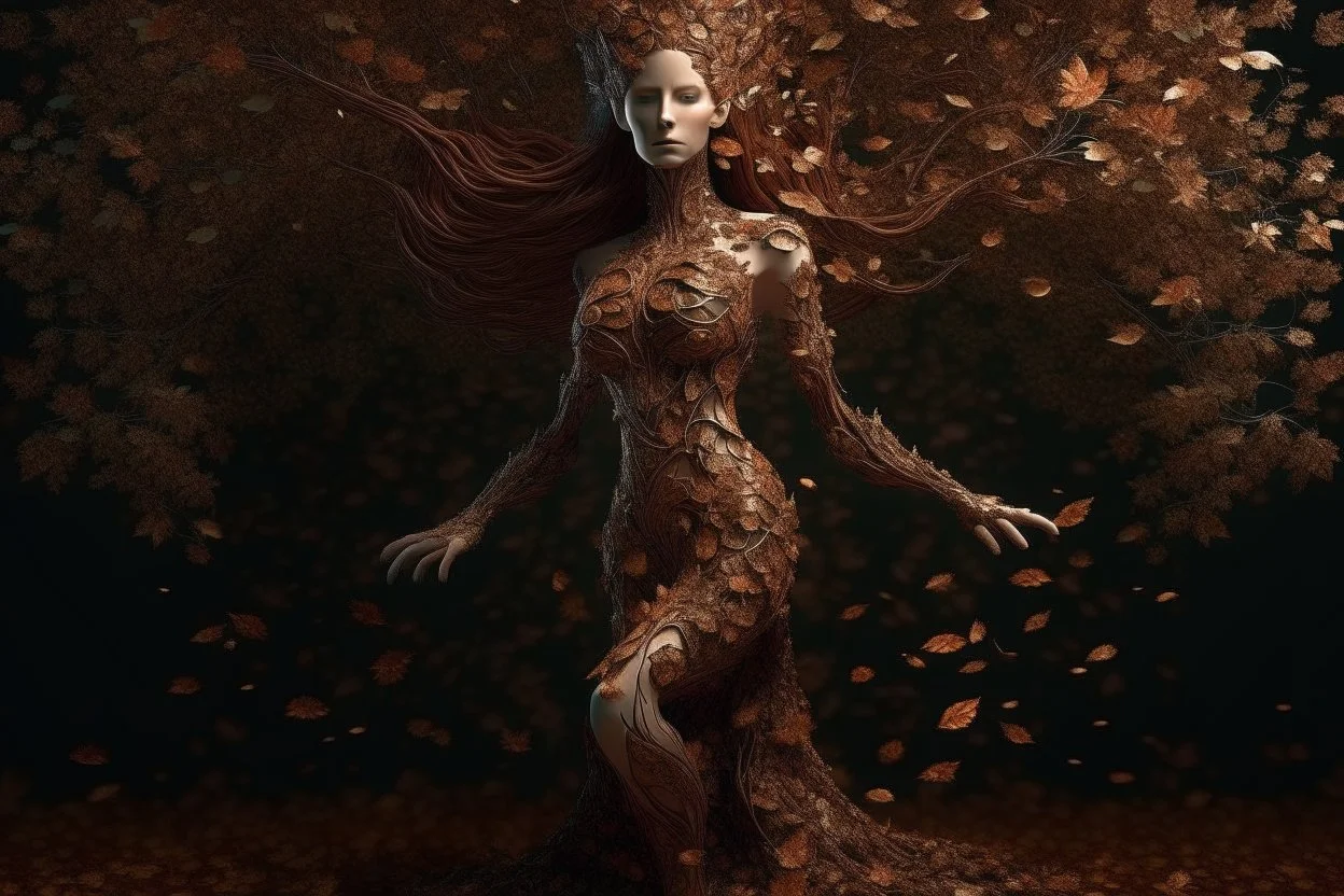 full body shot of a young woman covered in tiny copper filigree leaves, emerging from a summer tree, detailed matte painting, deep colour, fantastical, intricate detail