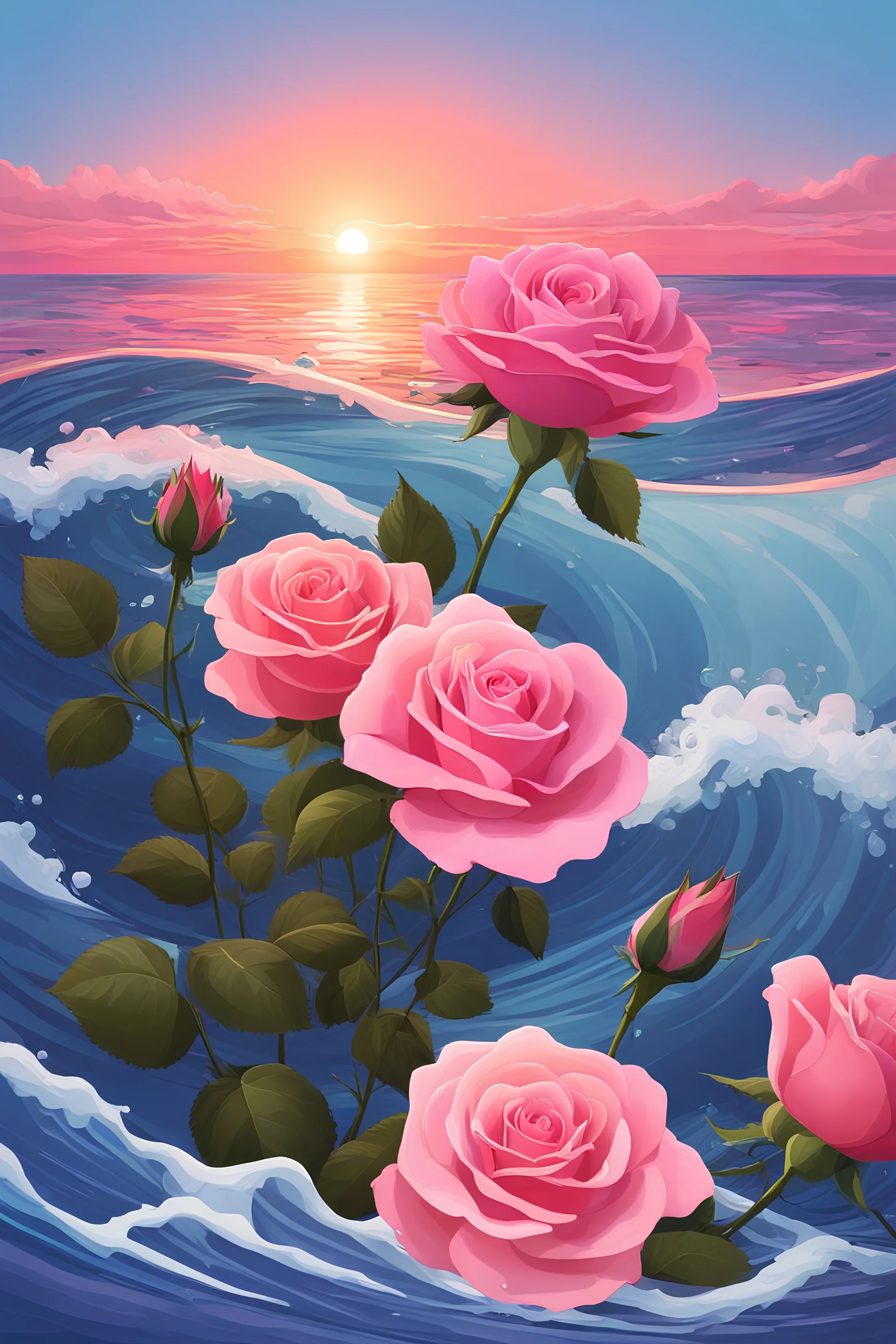 The image features three roses floating on a wave in front of a sunset. The roses are pink and purple, with blue and pink hues in the background. The wave is white and blue, and there are pink petals in the water. The sun is in the top left corner, and the sky is purple.