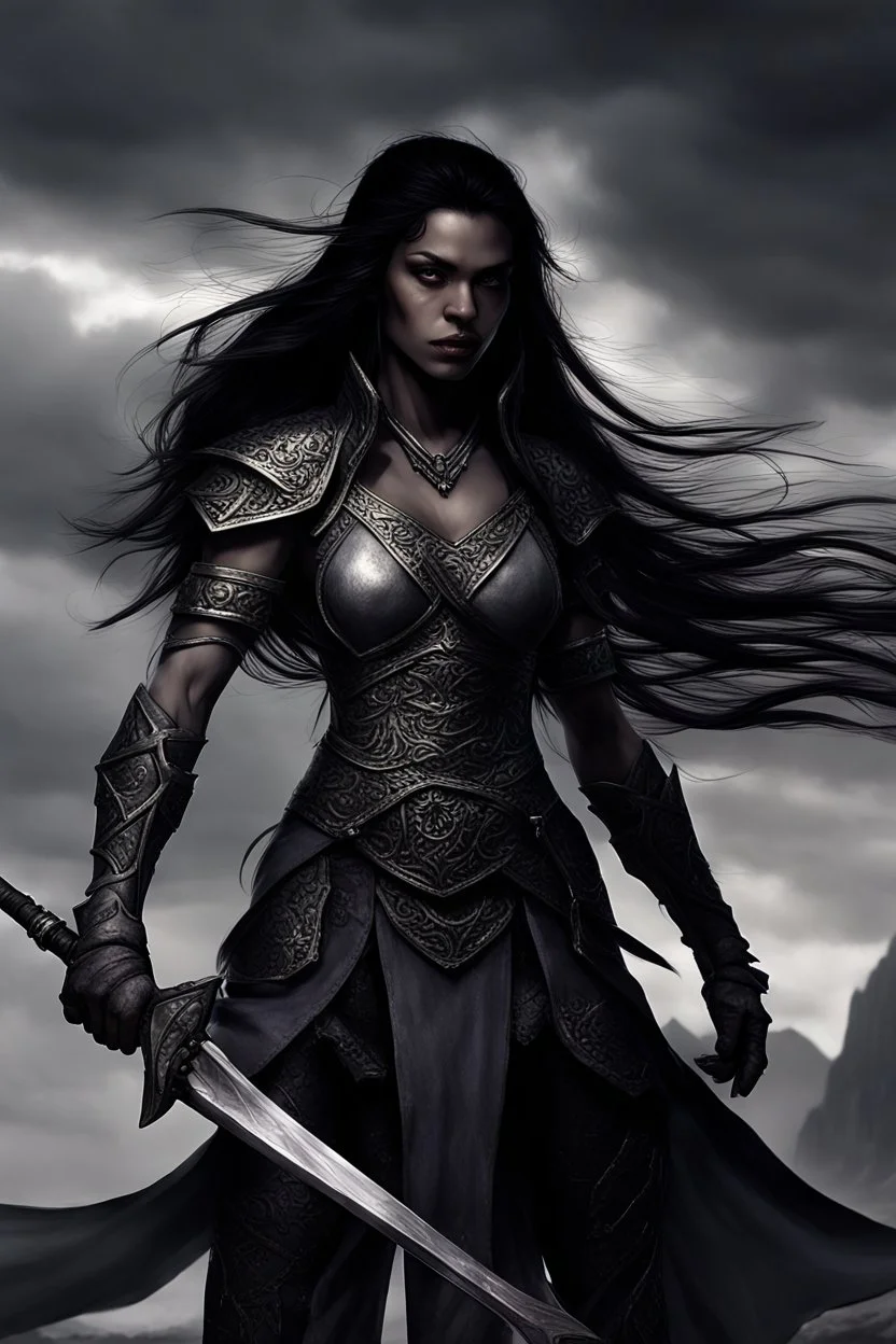 SA female elf with skin the color of storm clouds, deep grey, stands ready for battle. Her long black hair flows behind her like a shadow, while her eyes gleam with a fierce silver light. Despite the grim set of her mouth, there's a undeniable beauty in her fierce countenance. She's been in a fight, evidenced by the ragged state of her leather armor and the red cape that's seen better days, edges frayed and torn. In her hands, she grips two daggers, add dark shadow mystic purple flames