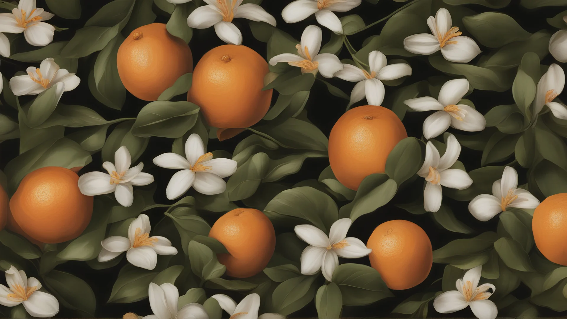 dark backround,12K,a couple of oranges,a few white neroli flowers,