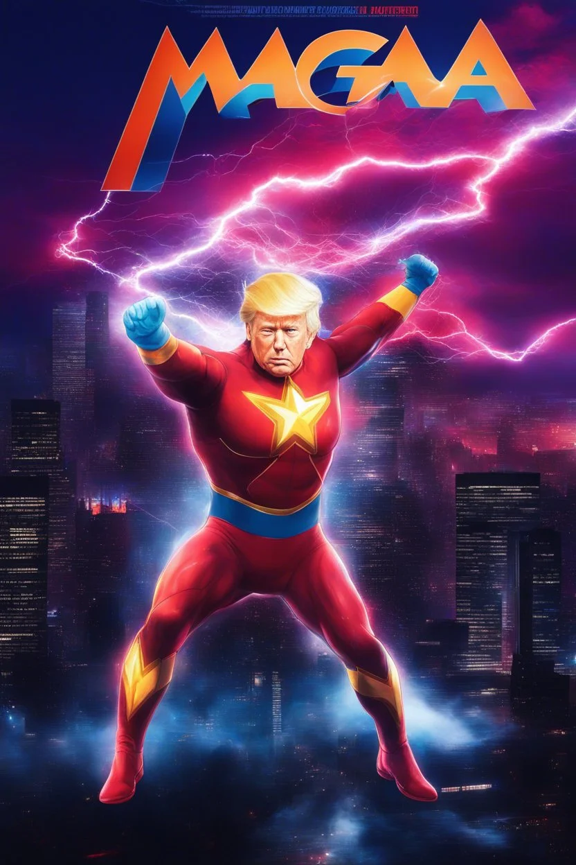 movie poster - "MAGA MAN" - Donald Trump as 'Maga Man,' Extremely Muscular, Skintight, formfitting, crimson suit, blue cape, silver boots, multicolored Lightning, Multicolored vortex, neon lit futuristic cityscape, mist, fog, speed, extremely overexaggerated musculature,