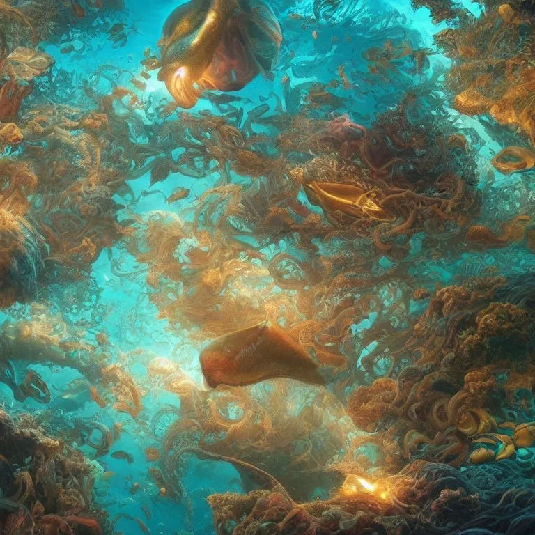 underwater ocean scene, bizarre sea creatures, beams of light streaming through, background of colorful reefs, a highly detailed illustration, realistic render, 8 k, micro detail, intricate, elegant, centered, digital painting, smooth, sharp focus, illustration, artgerm, tomasz alen kopera, peter mohrbacher, donato giancola, joseph christian leyendecker, wlop, boris vallejo