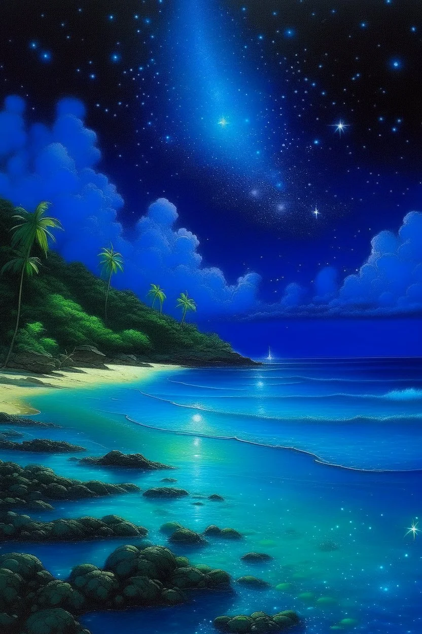 The beach of the island of Leela its waters are full of blue stars illuminated by blue light Oil painting