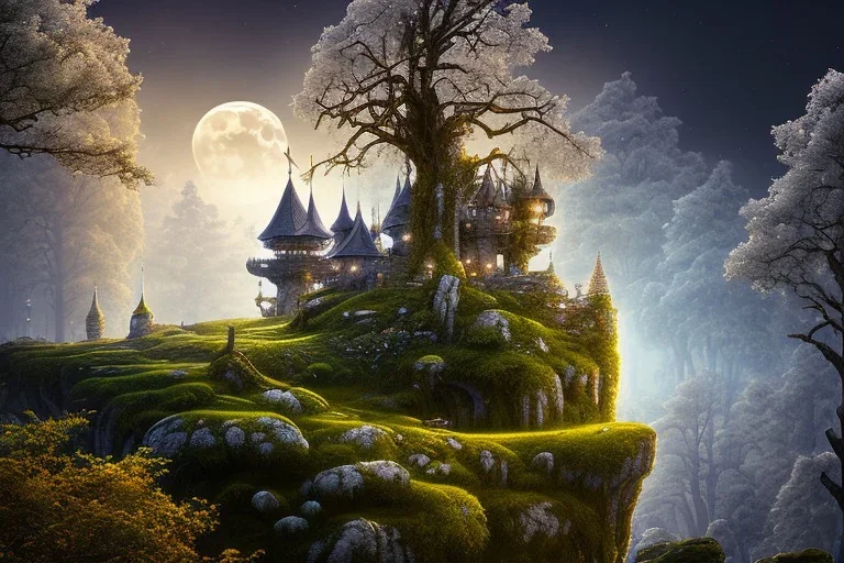 big castle stand on a rock, forest, night, moon, 8k resolution, high-quality, fine-detail, intricate, fantasy art, detailed matte, volumetric lighting, illustration, 3D