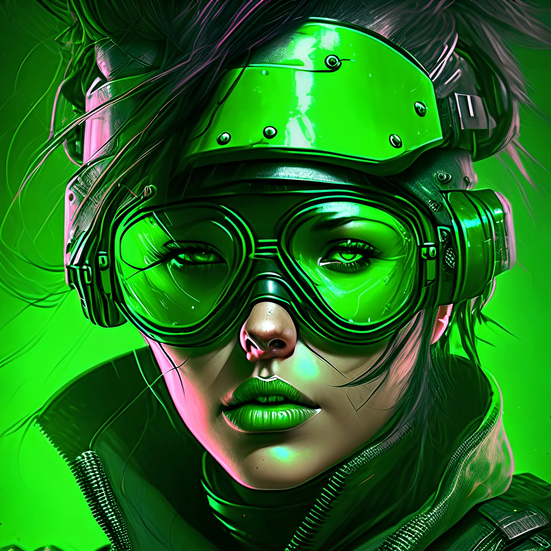 portrait of a woman cyberpunk green helmet glasses fat