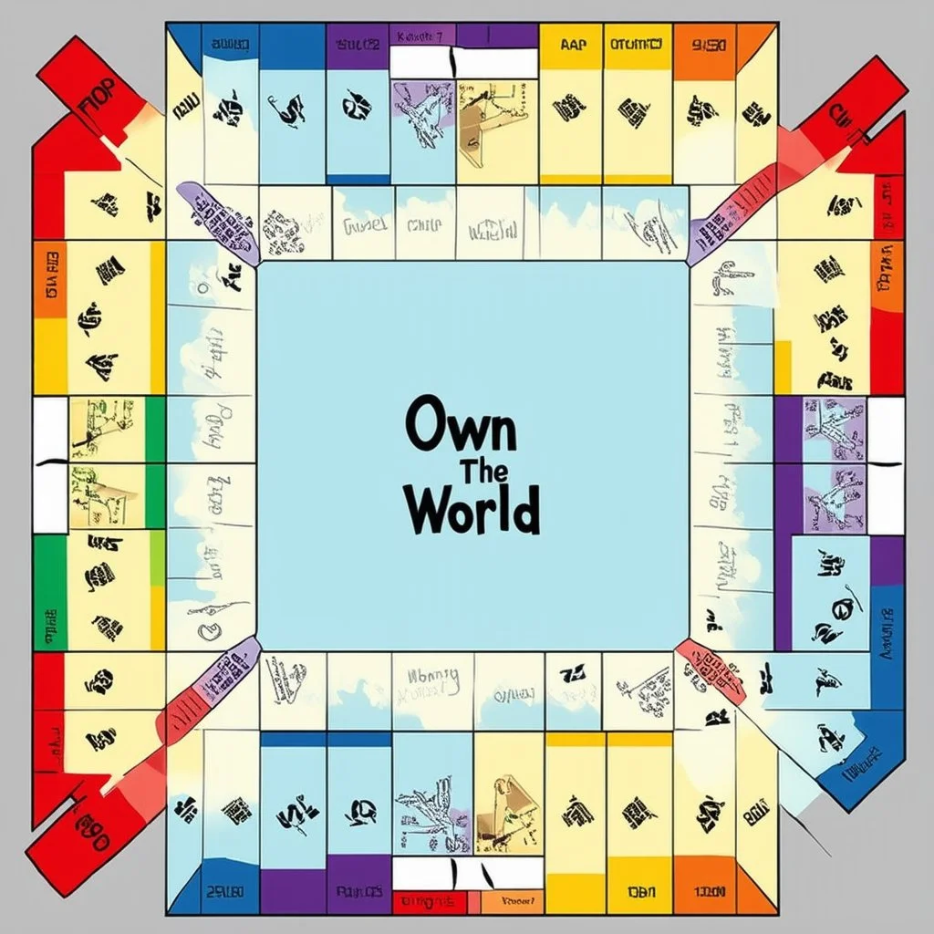 create a custom monopoly style board GAME with: 1 row of EQUAL SIDES 12 SQUARE EACH SIDE WITH A BIG SQUARE IN THE MIDDLE. MAKE THE WRITING IN THE MIDDLE SAY OWN THE WORLD ,