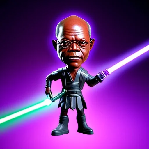 Bald Samuel jackson purpleGlow jedi bobblehead holding a lightsaber and boots, bald mace windu