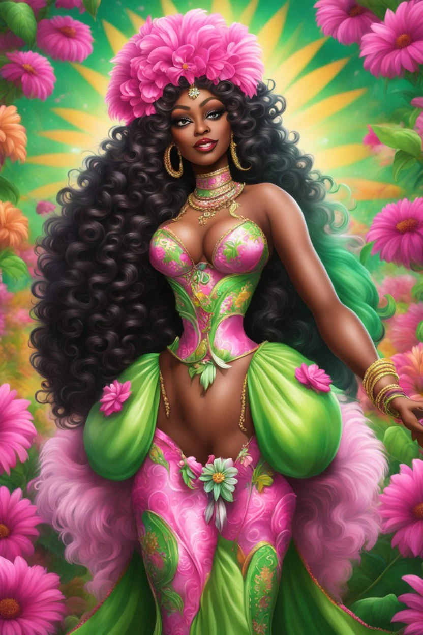 Create a digital airbrush cartoon of a curvy African American female wearing Brazilian carnaval outfit outfit that's pink, green and white. Prominent make up with hazel eyes. Highly detailed very long extremely curly black hair. Her skin is smooth and silky. Background of a judge full of colorful flowers