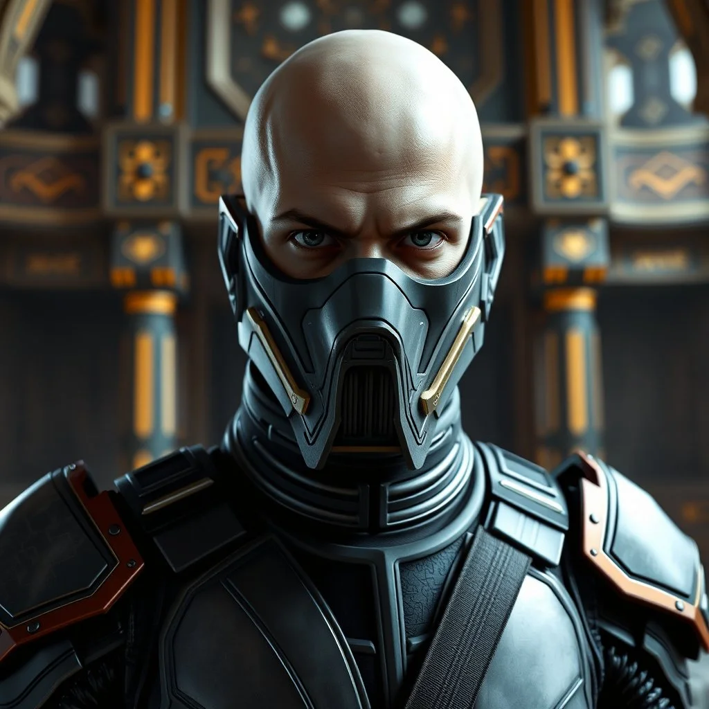 bald male corellian jedi wearing gunmetal grey and black old republic armored flightsuit and breath mask with gold and metallic red trim inside the jedi temple, centered head and shoulders portrait, hyperdetailed, dynamic lighting, hyperdetailed background, 8k resolution, volumetric lighting, light skin, fully symmetric details