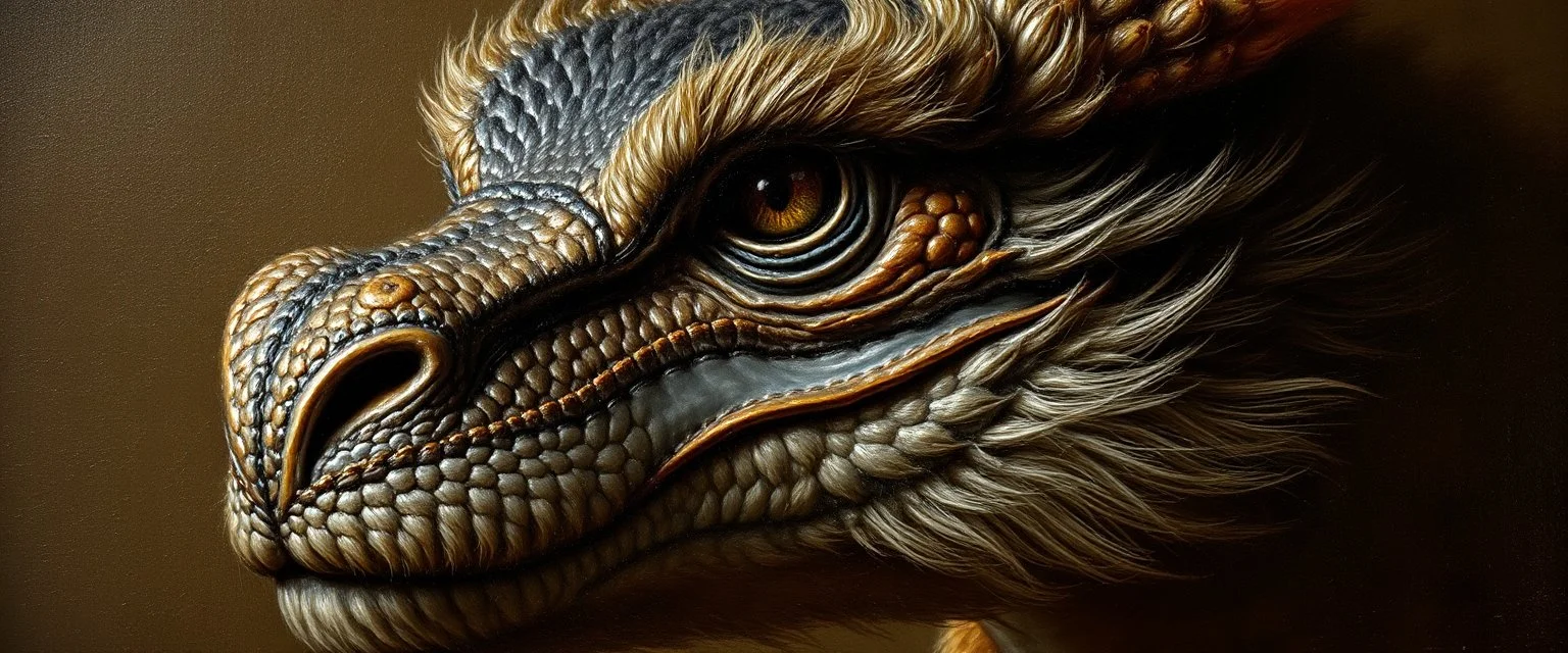 close up portrait painted by Rembrandt, stupid looking furry dragon