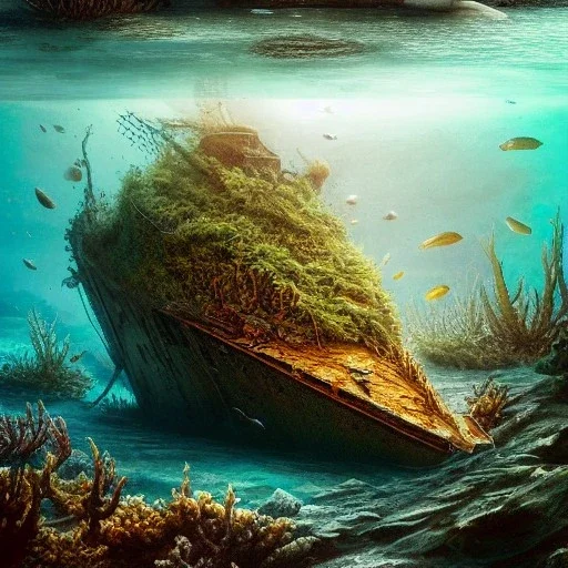 a hyper-realistic sunken ship on ocean floor, moss, coral reef, fish, broken, abandoned, 8k, high-quality, fine-detail, intricate, sharp, crisp, digital art, detailed matte, illustration, octane render, brian froud, howard lyon, Anne Dittman, Anne Stokes, Lisa Parker, Selina French