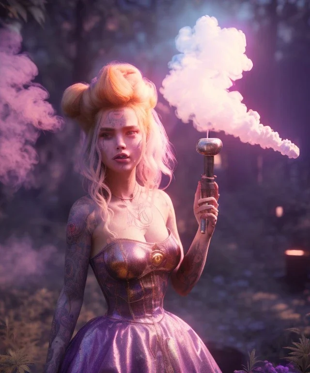 Ultra realistic wonderland photo, happy blonde woman smoking a shisha, blue dress, big purple-cat friend, circus dress style, old school tattoo, smoke, marijuana garden, glow eyes, perfect iris, soft color, highly detailed, unreal engine 5, cinematic, ultra detail, volumetric lighting, high definition.