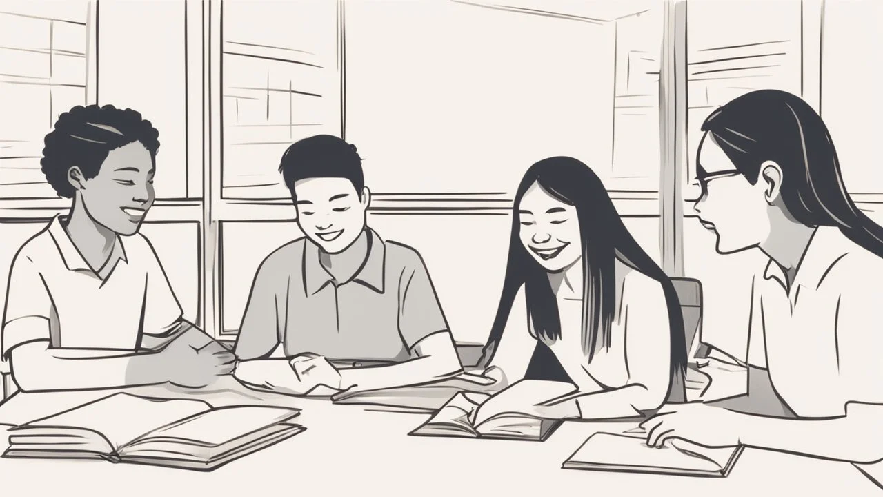 The image depicts a group of students actively engaged in a collective discussion within a classroom. The atmosphere is filled with enthusiasm and collaboration, evident through their lively interaction and exchange of ideas. The image illustrates the promotion of social interaction and cultural learning within an educational environment, where students learn from one another and build interactive bridges that contribute to enhancing understanding and cooperation among diverse cultures.