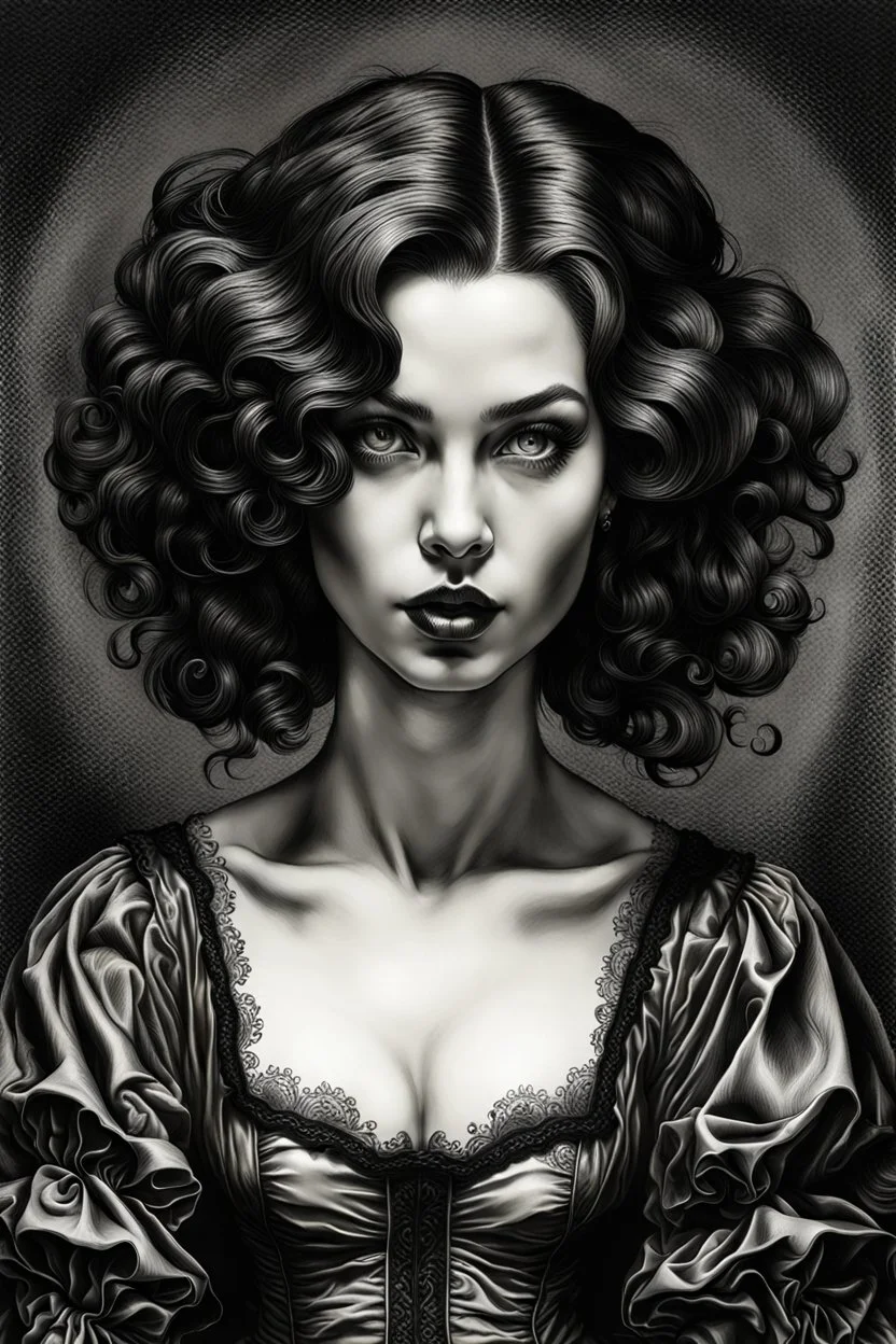 full body etching of a malevolent, predatory vampire girl with highly detailed hair and facial features ,in the style of Rembrandt, Gian Lorenzo Bernini, and Johannes Vermeer, with a fine art aesthetic, highly detailed , realistic , 4k UHD