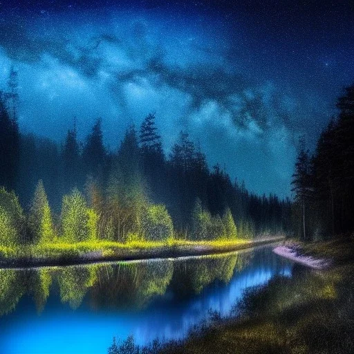 forest at night, river, mountain, night sky, landscape, detailed, 4k