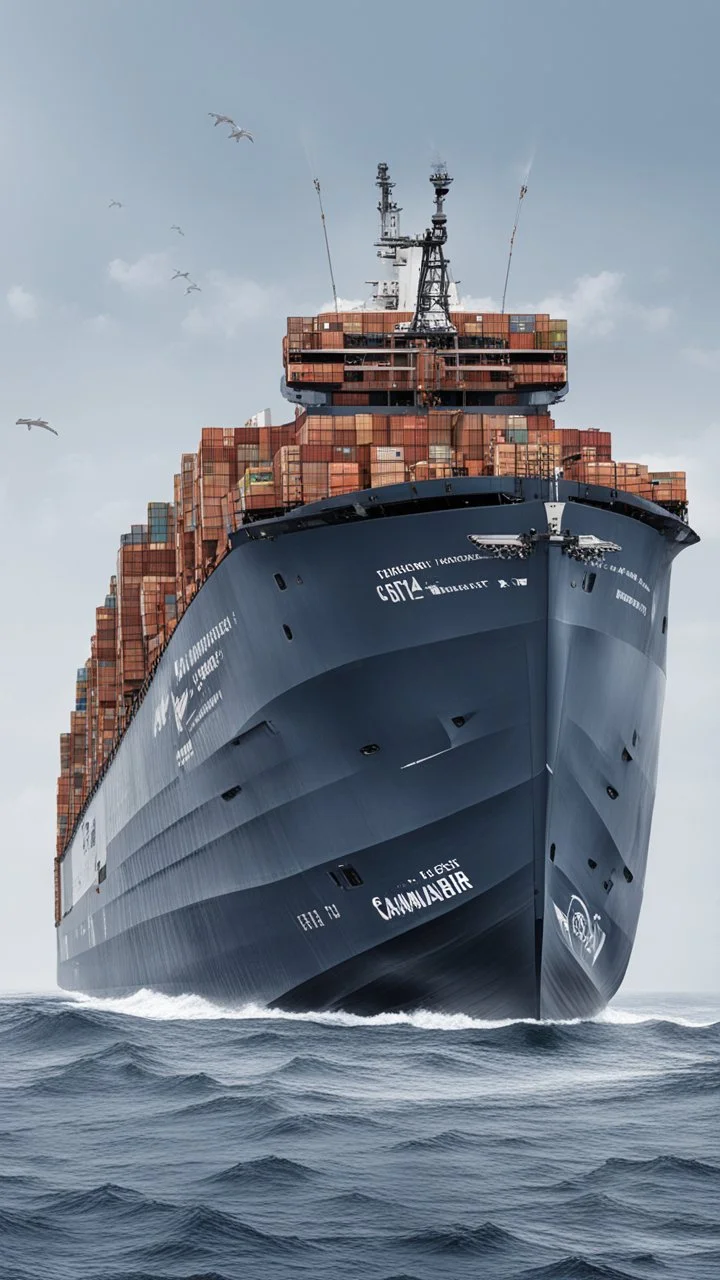 A container ship that looks like a big whale, with containers in top and a commander deck