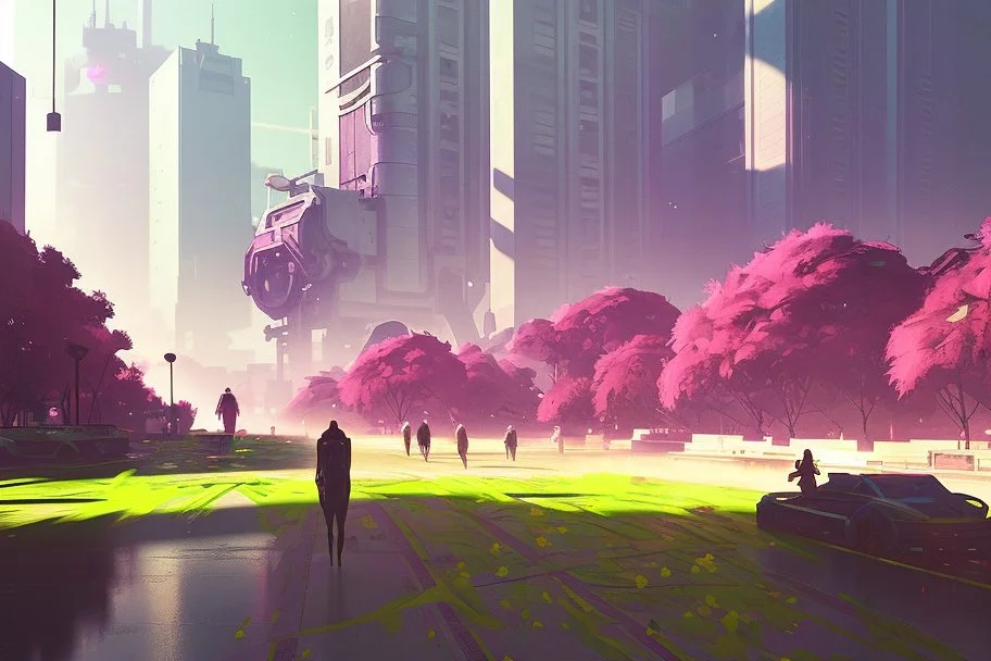 city, flowers, trees, sunny day, spring, sci-fi, cyberpunk influence