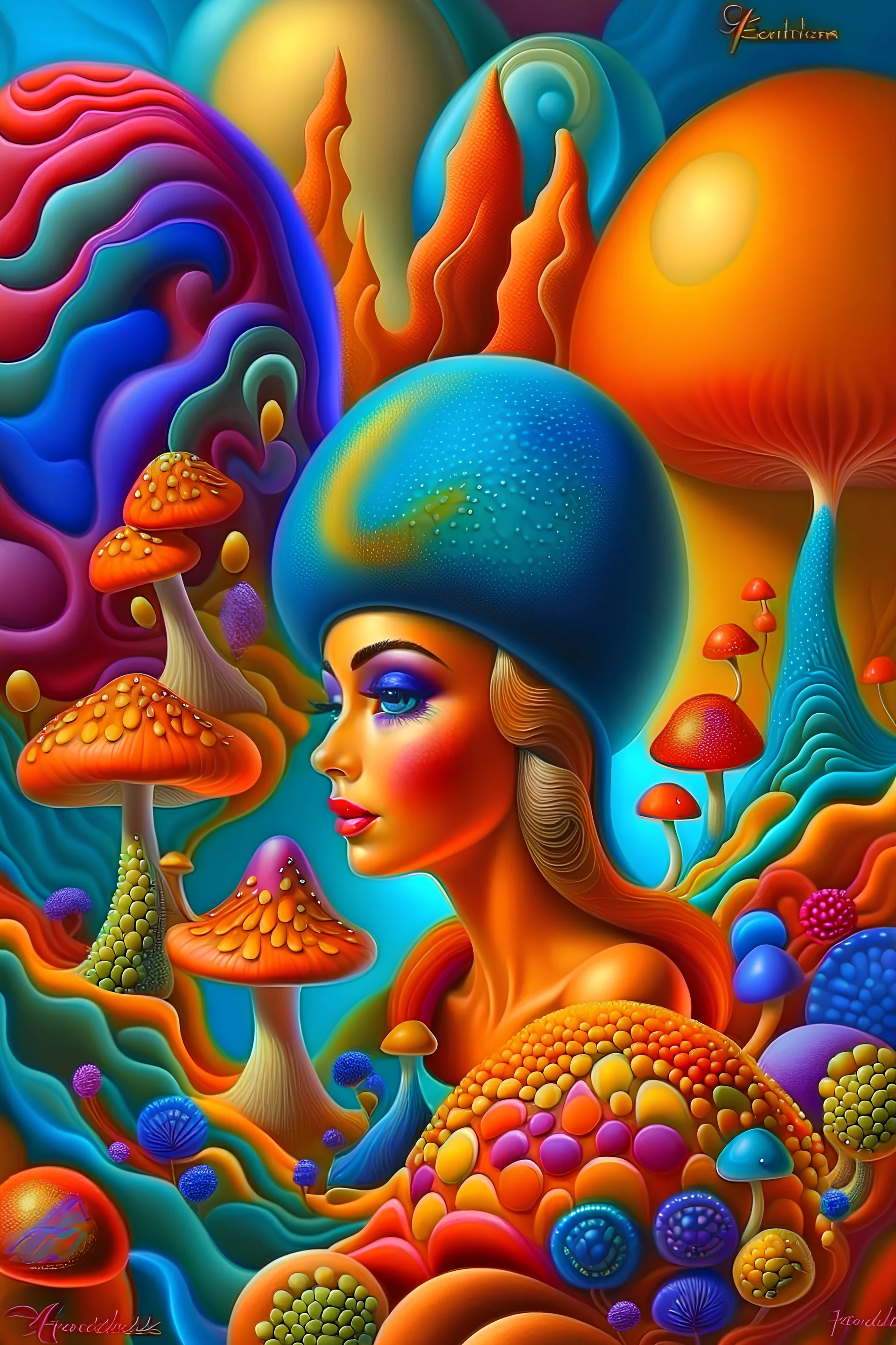 mushroom landscape in relief metallic Dali style with women with tripple endless flowerhead