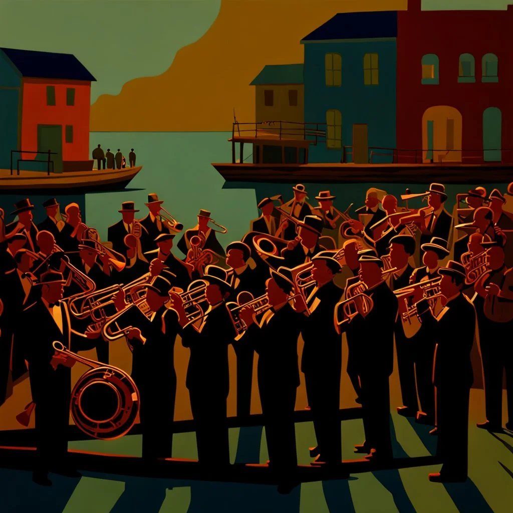 Vivid color oil painting of a brass band standing on the pier in front of a small fishing harbor, orchestra, jazz club 1 9 3 0 seconds, band playing instruments, musician, musicians, band, musicians playing instruments, the last orchestra, conductor, by Aaron Douglas , Jazz Quintet, by Carey Morris, band player, concert, by Baron Storey, entertainer, by Jasper Knudsen, silhouettes