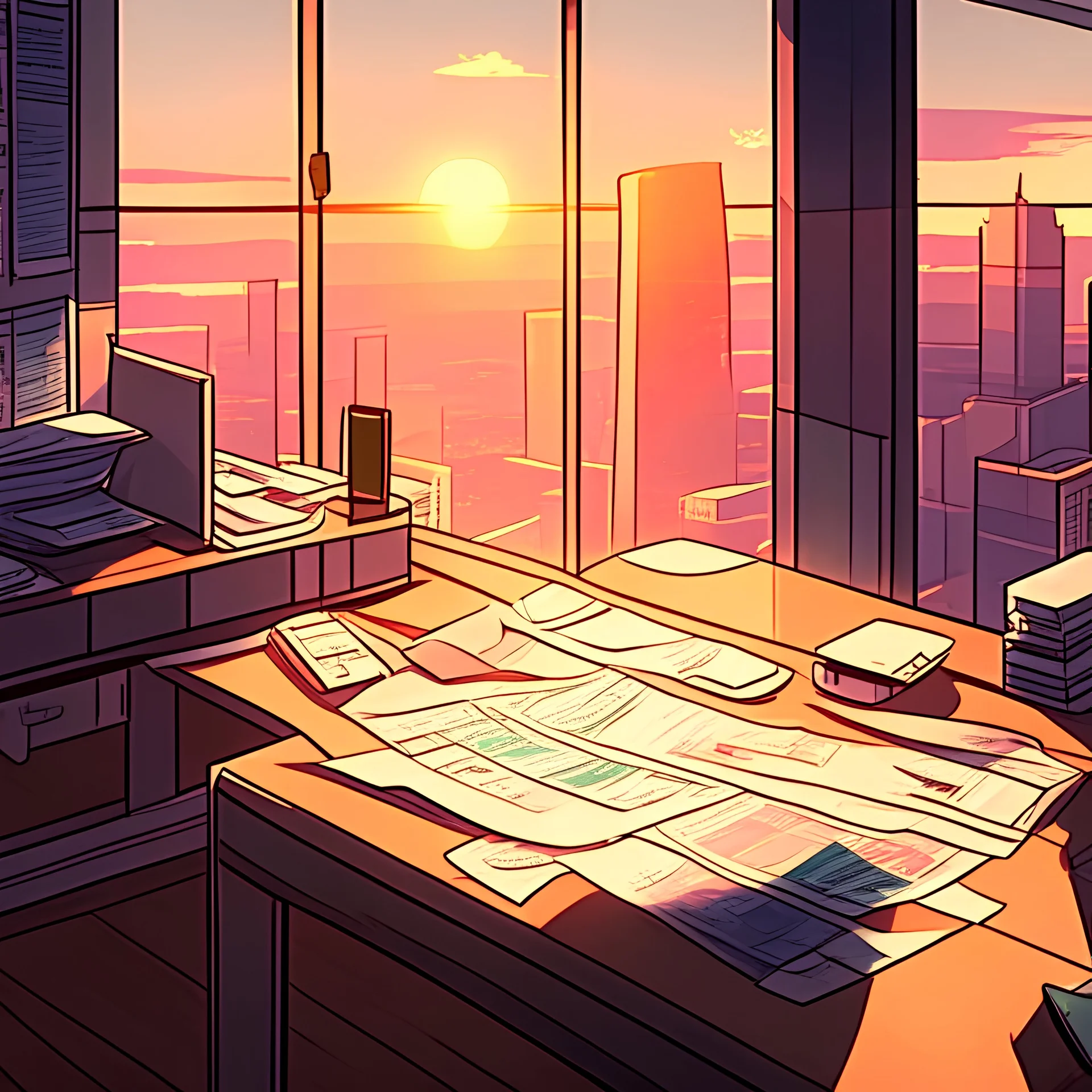 morning sunrise office with papers on the floor and on the desk view from a high floor in a skyscraper cartoon vampire world