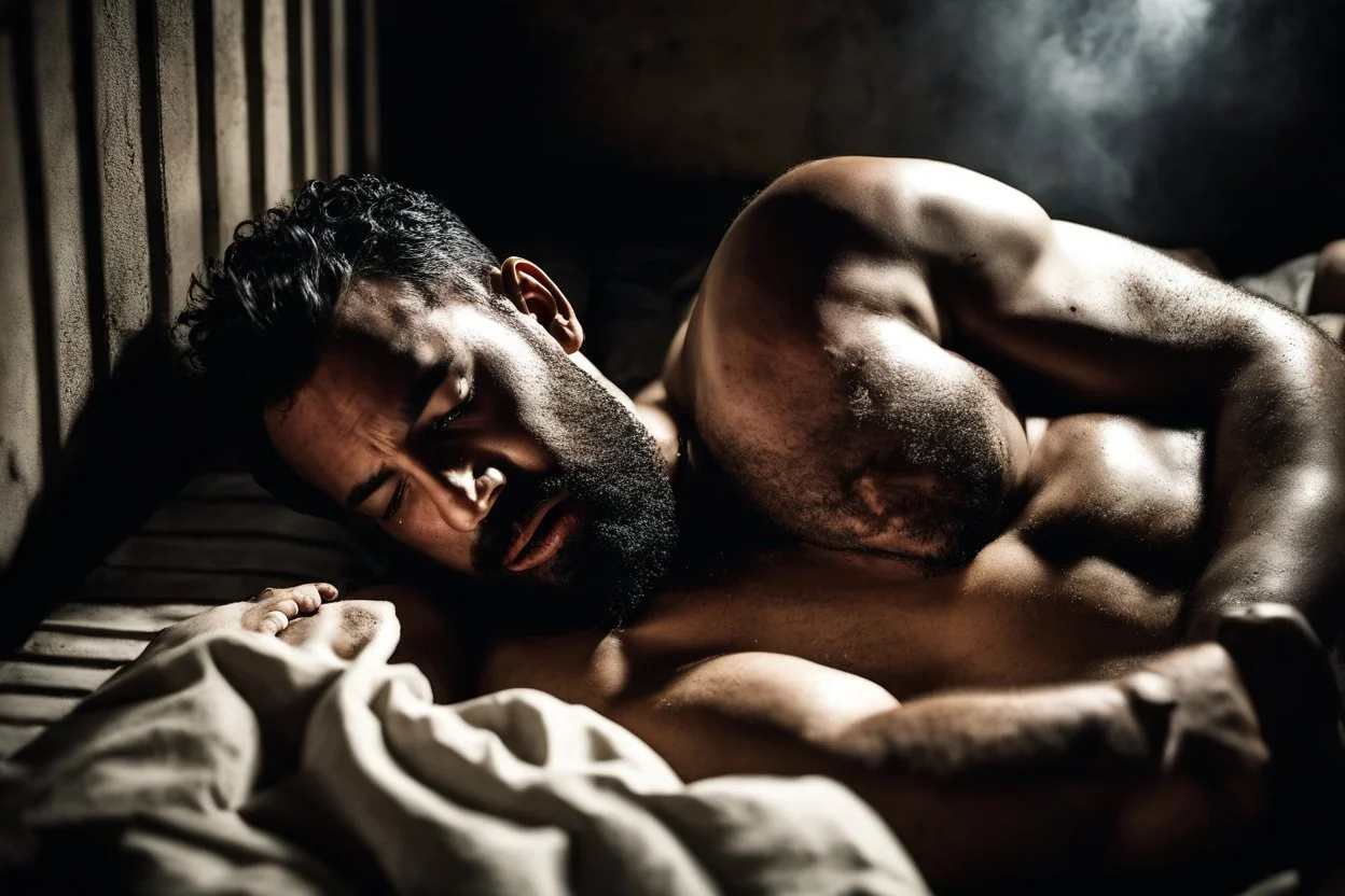 half figure shot photography of a sweat dirty marocan prisoner in cell sleeping lying down on a bed , manly chest, shirtless, muscular strong chubby 34 years old, low lights, ajar mouth, long beard, misery and poverty, dim light enters from a skylight above, lights from above, photorealistic, ambient occlusion, aerial view