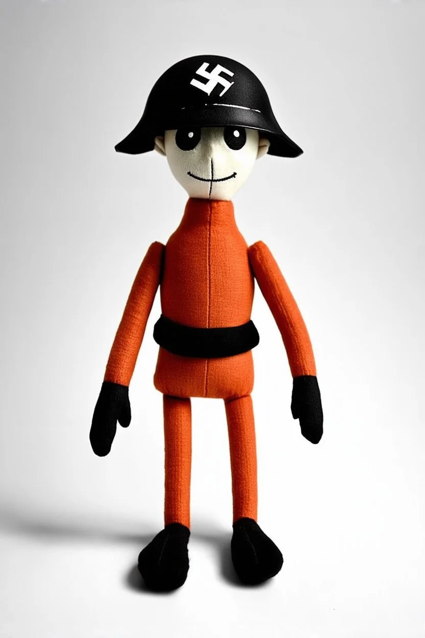plush toy(tall and skinny, armless and legless, with 1 eye) wearing a Nazi helmet, small feet at front