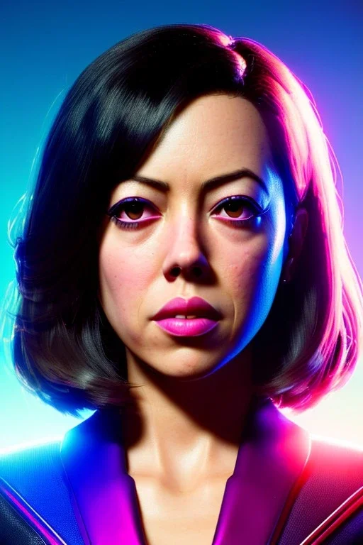 Young Aubrey Plaza, Futuristic cyborg, portrait from waist up, vibrant hair color, vibrant eye color, intricate eyeliner, vibrant eyeshadow, clear completion, soft lighting, 4k resolution, intricate details, insanely detailed, colorful cityscape background, masterpiece, expert, cinematic smooth, retroanime style, realistic details, no helmet