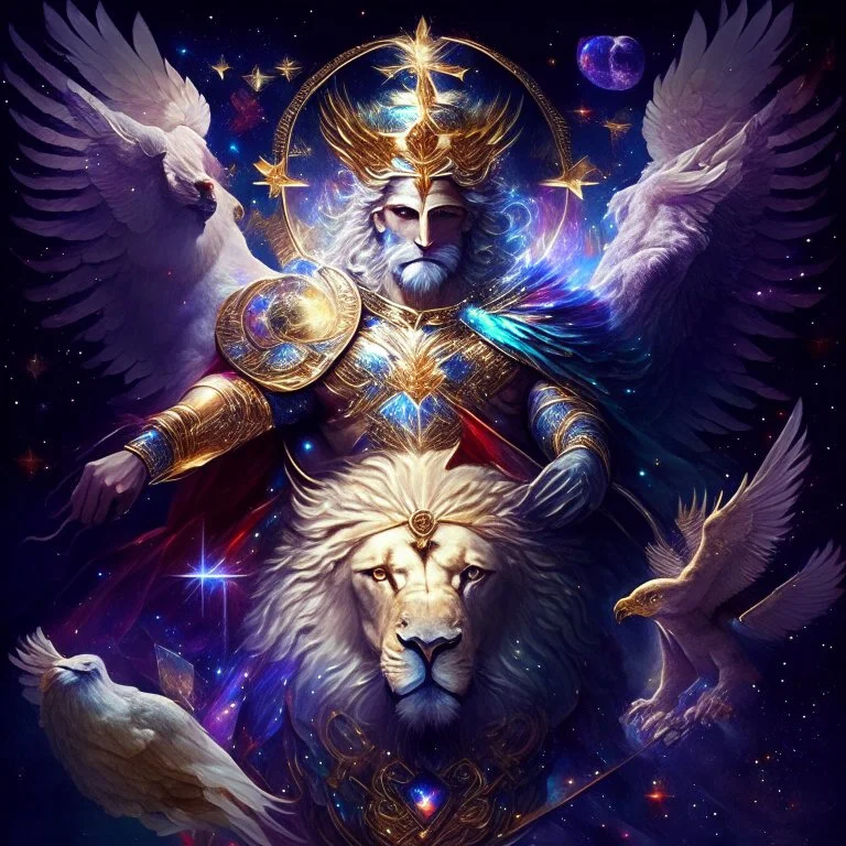 A god-like man with infinite power who holds the galaxies and wears a beautiful crown, a jewel made of diamonds and galaxies with weapons, riding on a lion with an eagle's head and eagle's wings.