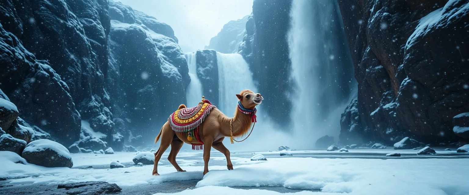 valley of the super happy guru explorer in deep trouble by the water fall, glitter disco glam luxury piggt camel pig in snow storm